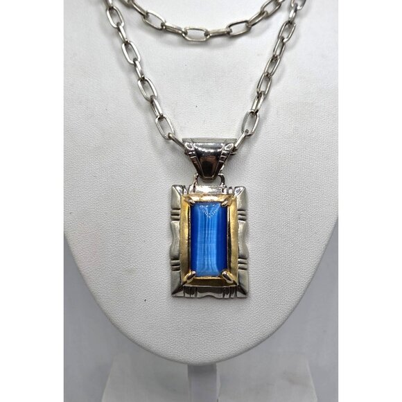 Vintage Silver & Gold-Toned Rectangular Blue Stone Pendant Necklace With Double - Picture 2 of 5
